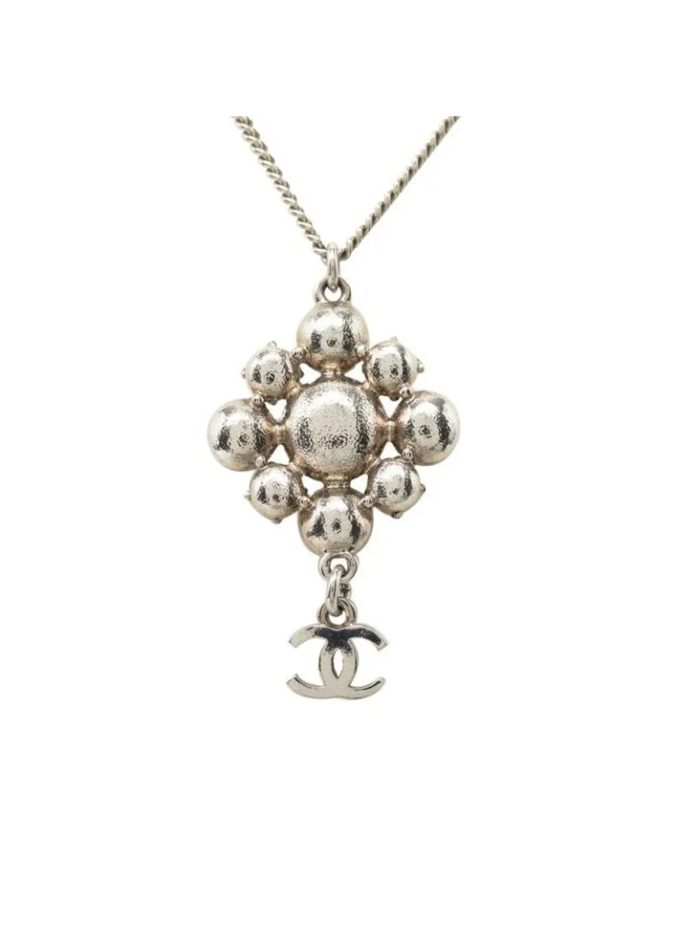 Chanel CC Logo Flower Motif Pendant Silver Rhinestone Metal